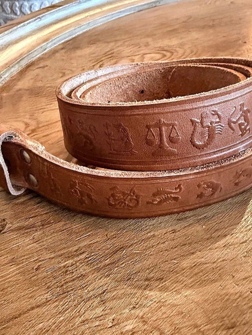 Vintage 70s Embossed Leather Zodiac Belt 50" Boho Western